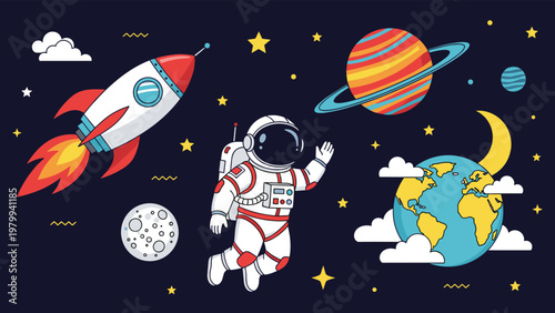 Astronaut floating in outer space near planet Earth with a rocket ship stars and other colorful planets for discovery.