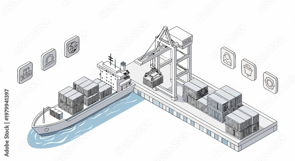Naklejka premium Isometric Global Logistics and Maritime Shipping Illustration with Container Ship and Port Crane
