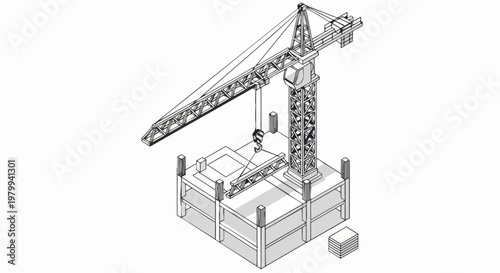 Isometric Construction Site Illustration with Tower Crane Lifting Steel Beam on Building Structure - Minimalist Line Art Vector for Architecture and Engineering Projects