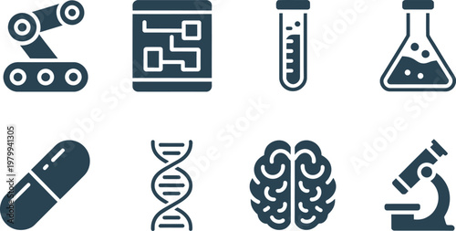 Set of eight icons representing modern industrial robotics and scientific laboratory research and medical technology advancements