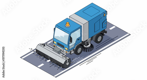 Isometric Street Sweeper Truck Cleaning Road, Municipal Sanitation and City Maintenance Vehicle Illustration