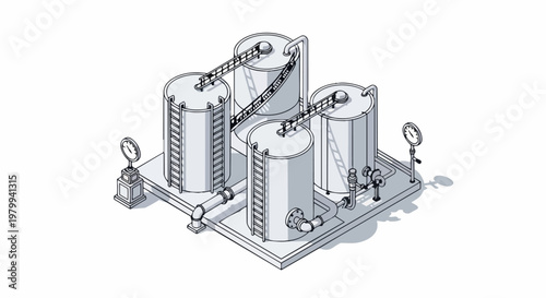 Isometric Industrial Storage Tank Farm Line Art Illustration, Oil and Gas Silos with Pipes and Gauges on White Background