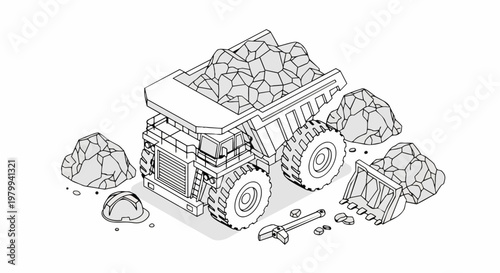 Isometric Line Art Illustration of a Heavy-Duty Mining Dump Truck with Rocks and Safety Equipment