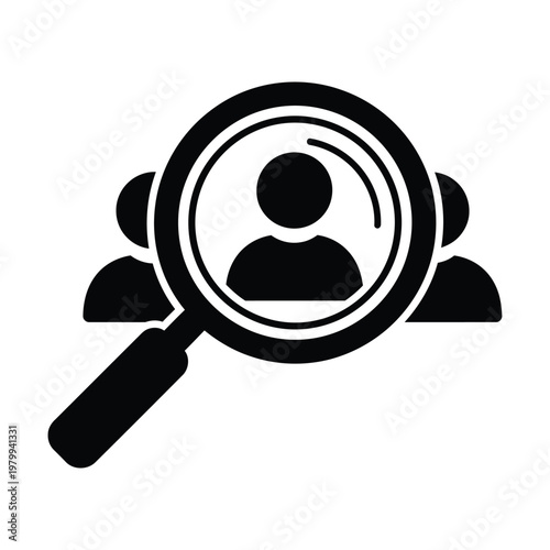 Black magnifying glass icon over people for search concept isolated on white background