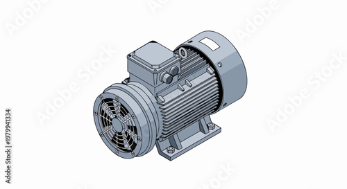 Industrial Electric Motor Isometric 3D Illustration, AC Induction Motor for Manufacturing and Engineering Machinery, Isolated on White Background