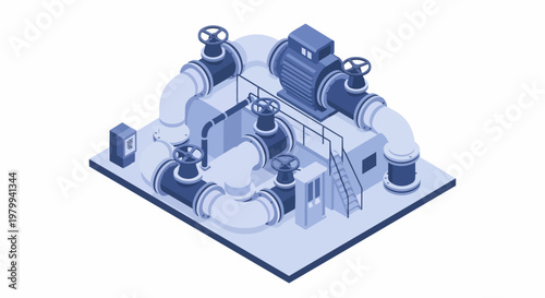Isometric Industrial Pumping Station Illustration with Pipes, Valves, and Electric Motor Infrastructure