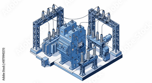 Isometric Technical Illustration of an Electrical Substation and Power Transformer Unit for Industrial Energy and Utility Design