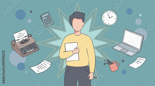 Busy professional juggling multiple work tasks and office equipment illustration