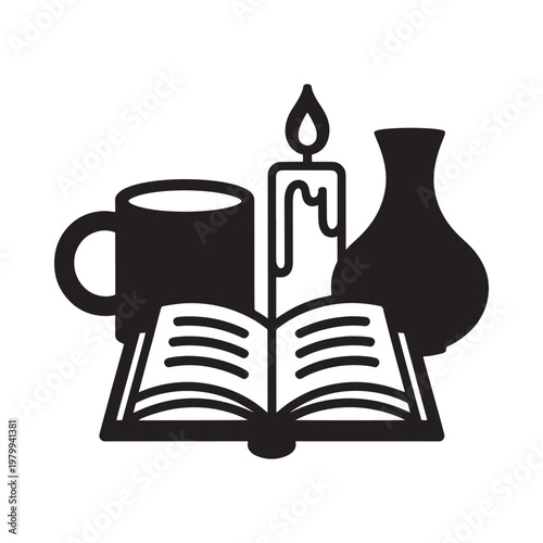 Still life illustration featuring a candle book cup and vase