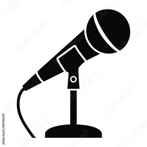 Black microphone on a stand isolated on white background