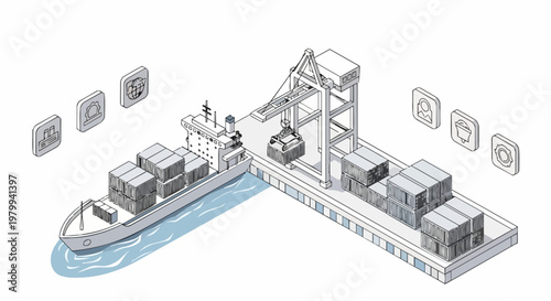 Isometric Global Logistics and Maritime Shipping Illustration with Container Ship and Port Crane