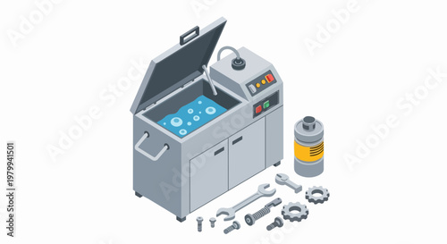Industrial Ultrasonic Cleaner Machine Isometric Illustration with Parts and Tools for Automotive Maintenance and Precision Cleaning