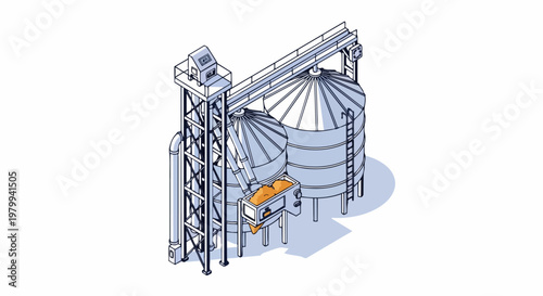 Isometric 3D Illustration of an Industrial Grain Silo and Elevator Facility for Agricultural Storage and Food Processing