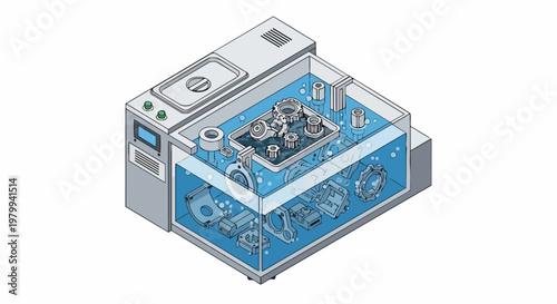 Industrial Ultrasonic Cleaner Machine with Metal Parts and Bubbles, Isometric Technical Illustration