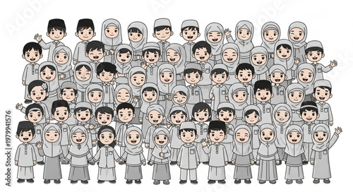 Group of people in white attire, a diverse gathering.