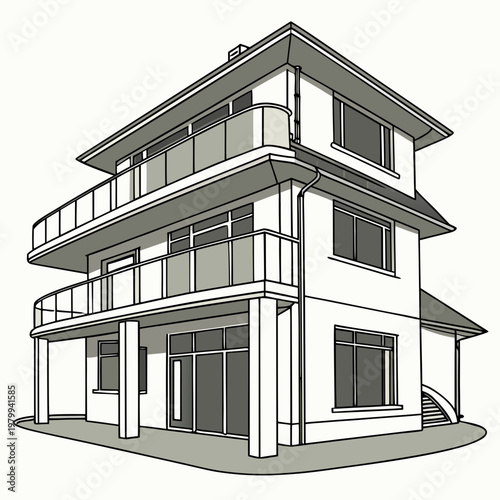 A modern multistory house with balconies and a flat roof