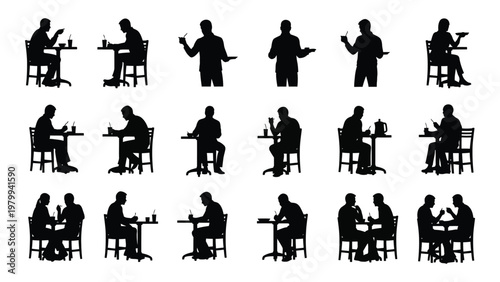 A collection of black silhouettes depicts people dining at tables conversing and interacting in various restaurant scenes high quality professional detailed
