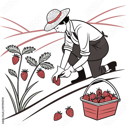 Man in a hat picking raspberries from a plant into a basket