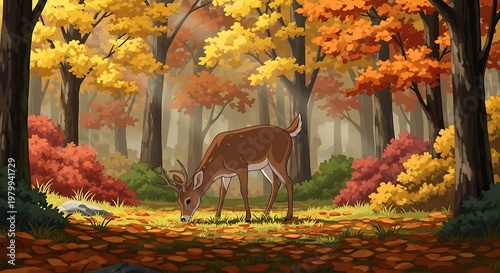 Deer Grazing in Autumn Forest - A Serene Wildlife Scene.