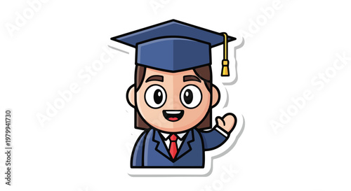 Waving Teacher Mascot Sticker Flat Vector Cute Education Character