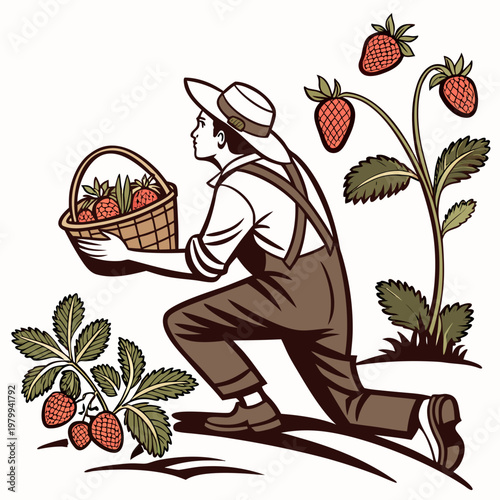 Man in overalls kneeling and holding a basket of strawberries