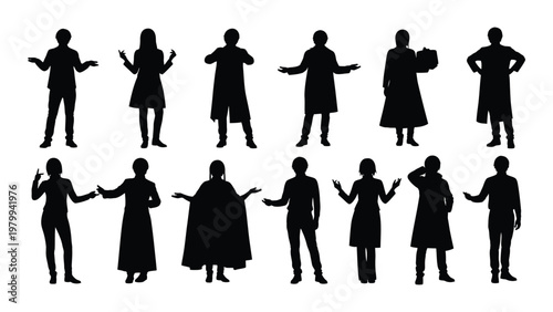 A collection of twelve black silhouettes depicting diverse women in various poses and traditional clothing styles high quality professional detailed modern