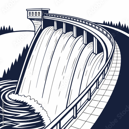 Illustration of a dam with water flowing over it, surrounded by trees and a bridge on top, in a vintage style drawing