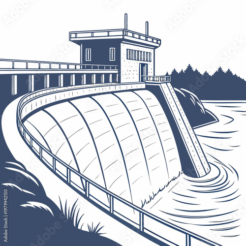Illustration of a dam with a building on top and water flowing over it in a natural landscape setting with trees