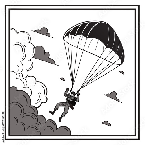 Black and white illustration of a person parachuting through clouds with a large parachute