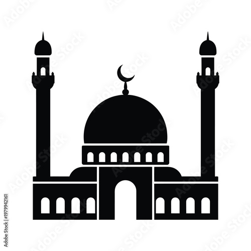 Black silhouette of a mosque with minarets and crescent moon isolated on white background