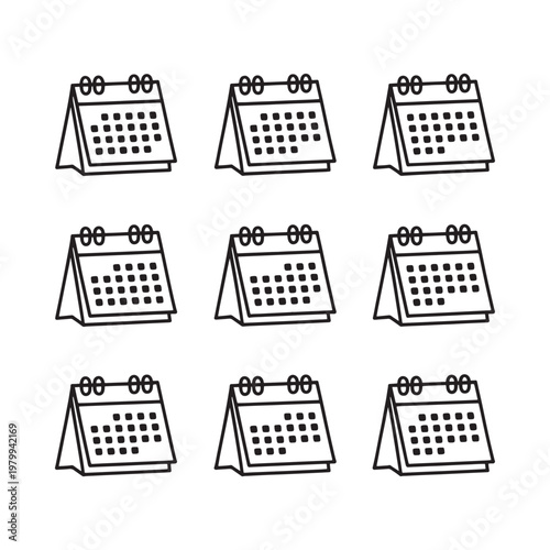 Nine black and white line art calendars arranged in a grid pattern