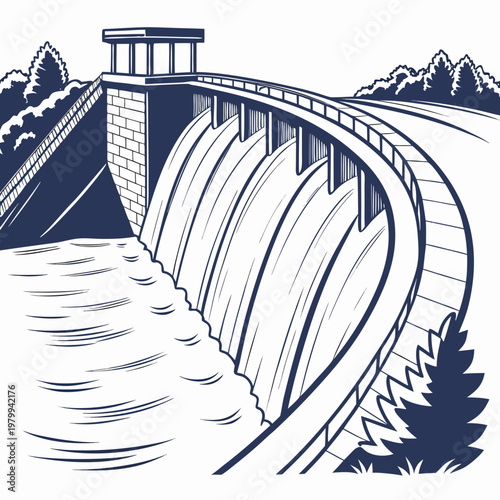Illustration of a dam with water flowing over it, surrounded by trees and a bridge on top, in a blue and white color scheme
