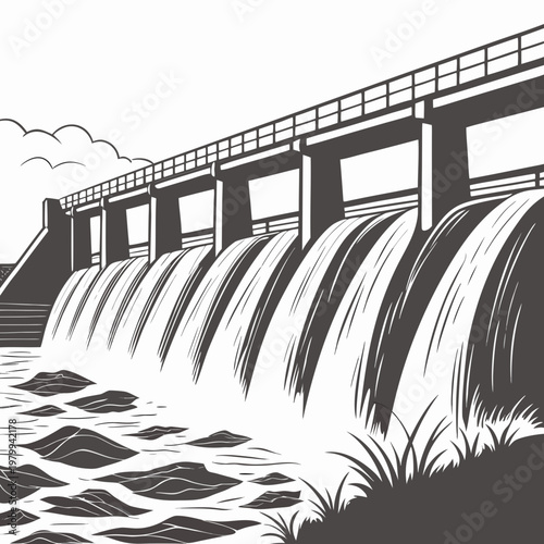 A dam with water flowing over it and a bridge on top