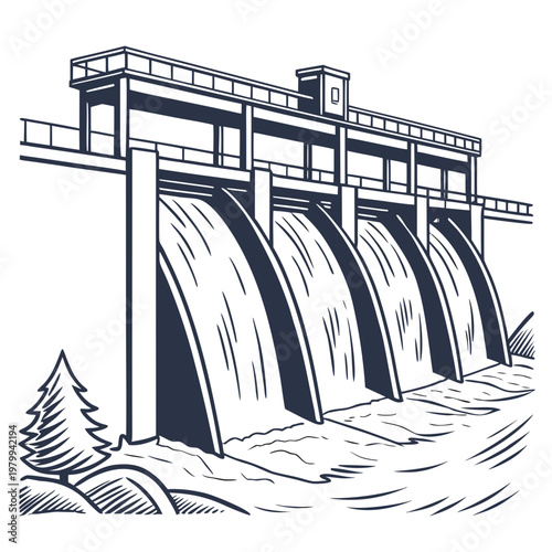 Illustration of a hydroelectric dam with water flowing through its gates
