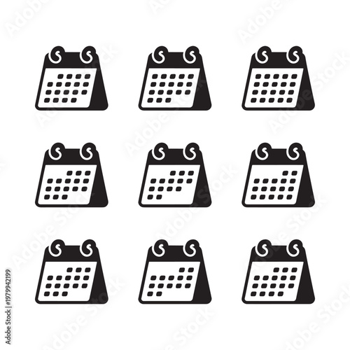 Nine black calendar icons arranged in a three by three grid pattern
