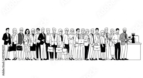 Group of people standing in line, waiting patiently for service or event.