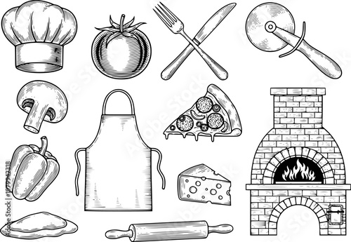 Vintage of pizza making ingredients and equipment for cooking food chef