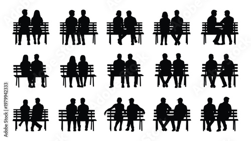 A collection of black silhouettes depicting couples and individuals seated on park benches arranged in a grid pattern high quality professional