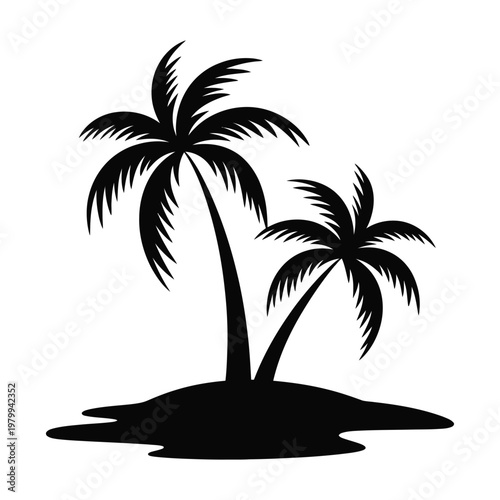 Black silhouette of two palm trees on a small island isolated on white background