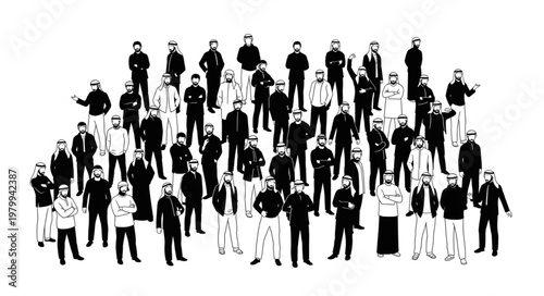 Group of people standing together in a crowd, black and white image.