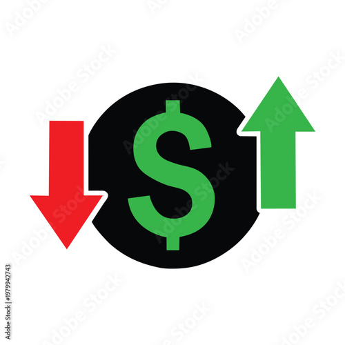Financial symbol with dollar sign and opposing arrows on white background