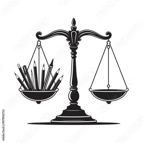 Scales of justice balanced with writing utensils and an empty pan