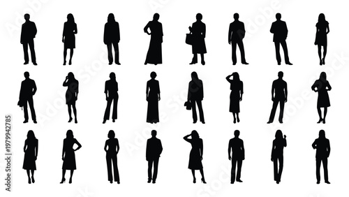 A collection of twenty five black silhouettes depicting diverse people in various standing poses and clothing styles high quality professional detailed