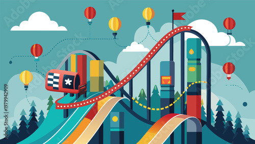 A roller coaster with excited riders soaring through the air on a sunny day