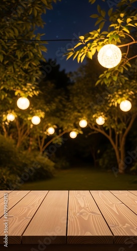 Enchanting Evening Garden - Illuminated Spheres and Wooden Deck.
