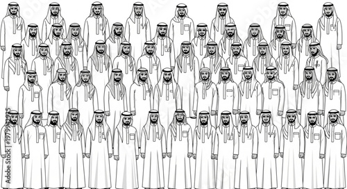 Group of Saudi Arabian men in traditional attire posing together.