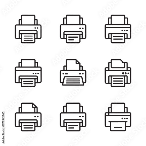 Nine line art icons depicting various printer types and outputs