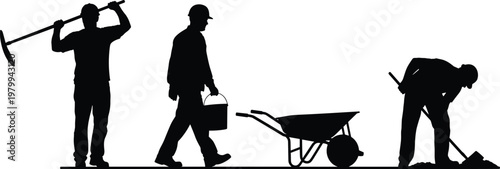 Construction, workers, silhouettes, labor, industry, tools, wheelbarrow, shovel, pickaxe, manual, worksite, building, equipment, engineering, workforce, activity, profession, outdoor, illustration, 