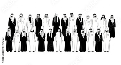 Group of Saudi Arabian men in traditional attire standing together.