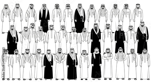 Group of Saudi Arabian men in traditional attire, standing together.